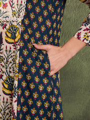 Women Blue Floral Front Yoke Kurta With Pants
