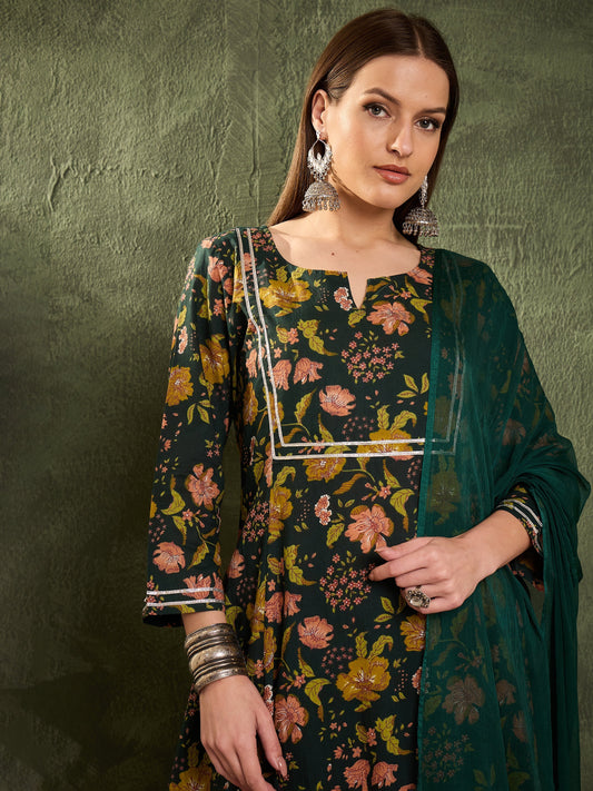 Women Dark Green Floral Front Yoke Kurta Set with Dupatta
