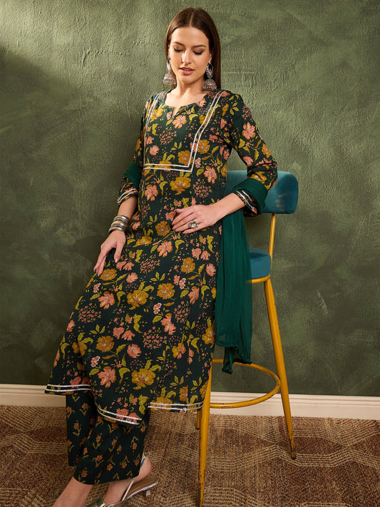 Women Dark Green Floral Front Yoke Kurta Set with Dupatta