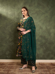 Women Dark Green Floral Front Yoke Kurta Set with Dupatta