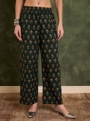 Women Dark Green Floral Front Yoke Kurta Set with Dupatta