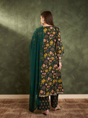 Women Dark Green Floral Front Yoke Kurta Set with Dupatta