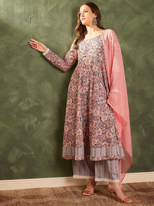 Women Pink & Grey Floral Anarkali Kurta Set with Dupatta