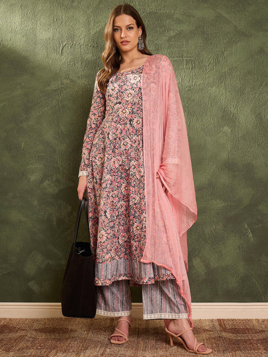 Women Pink & Grey Floral Anarkali Kurta Set with Dupatta