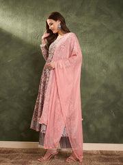 Women Pink & Grey Floral Anarkali Kurta Set with Dupatta