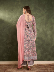 Women Pink & Grey Floral Anarkali Kurta Set with Dupatta