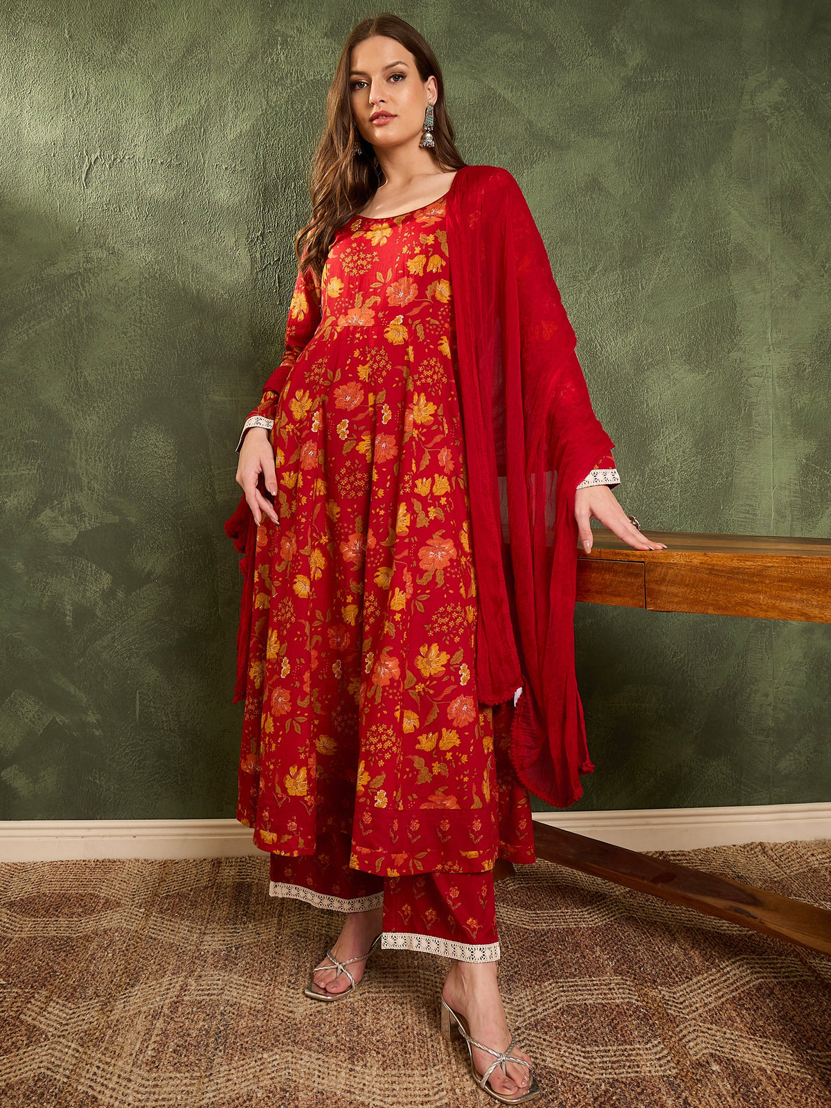 Women Maroon & Yellow Floral Anarkali Kurta Set with Dupatta