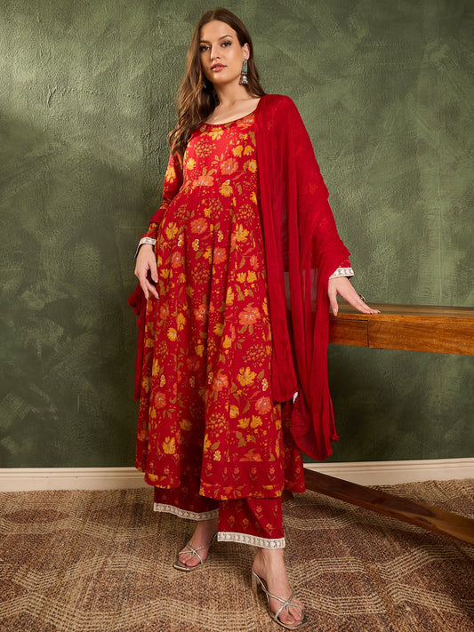 Women Maroon & Yellow Floral Anarkali Kurta Set with Dupatta