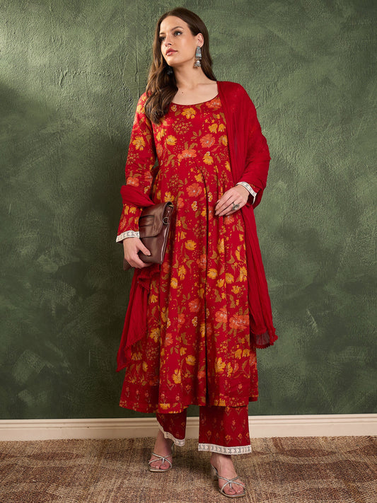 Women Maroon & Yellow Floral Anarkali Kurta Set with Dupatta