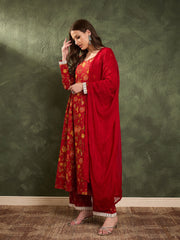 Women Maroon & Yellow Floral Anarkali Kurta Set with Dupatta