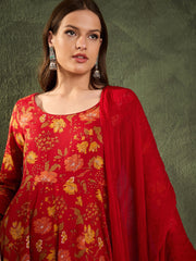 Women Maroon & Yellow Floral Anarkali Kurta Set with Dupatta