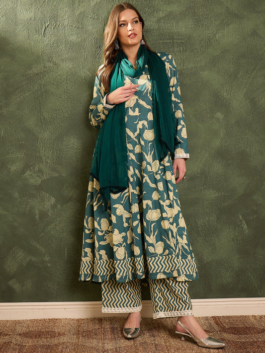 Women Sea Green & Beige Floral Anarkali kurta Set with Dupatta