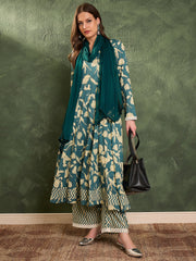 Women Sea Green & Beige Floral Anarkali kurta Set with Dupatta