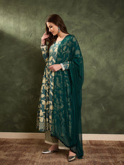 Women Sea Green & Beige Floral Anarkali kurta Set with Dupatta