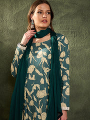Women Sea Green & Beige Floral Anarkali kurta Set with Dupatta