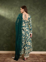 Women Sea Green & Beige Floral Anarkali kurta Set with Dupatta