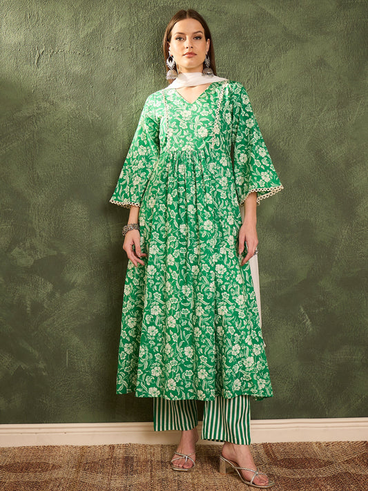 Women Green & White Floral Gathered Kurta Set with Dupatta