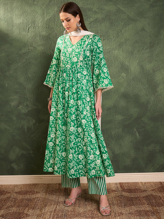 Women Green & White Floral Gathered Kurta Set with Dupatta