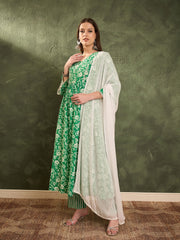 Women Green & White Floral Gathered Kurta Set with Dupatta