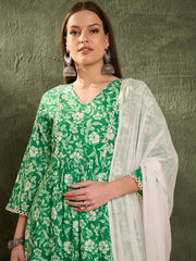 Women Green & White Floral Gathered Kurta Set with Dupatta