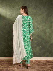 Women Green & White Floral Gathered Kurta Set with Dupatta