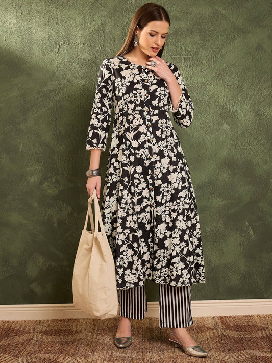 Women Black Floral Button Pocket Kurta with Pants