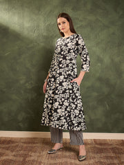 Women Black Floral Button Pocket Kurta with Pants
