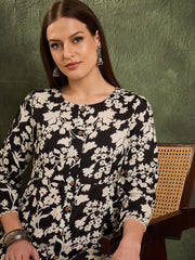 Women Black Floral Button Pocket Kurta with Pants