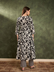 Women Black Floral Button Pocket Kurta with Pants