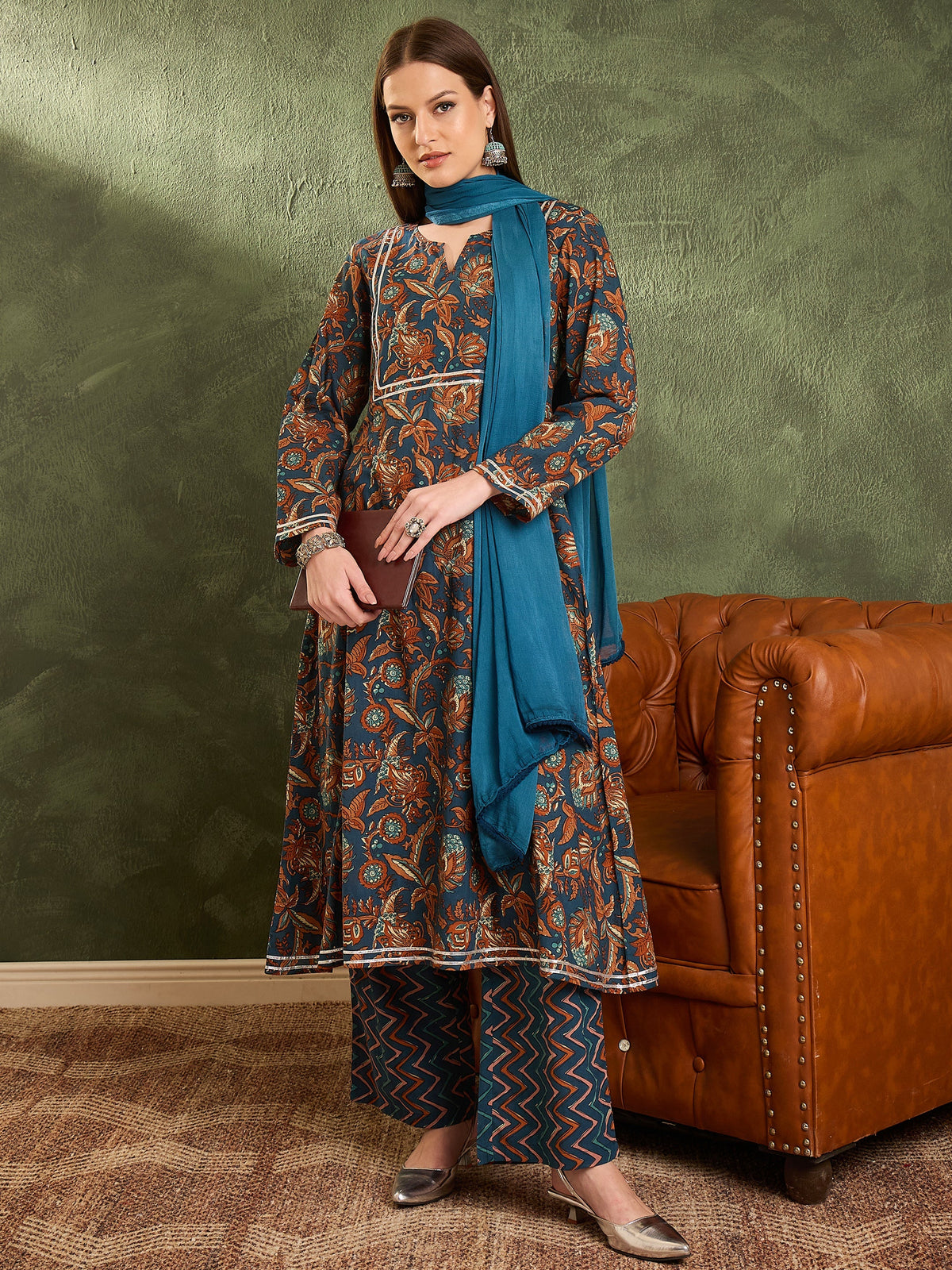 Women Teal Floral Front Yoke Kurta Set with Dupatta