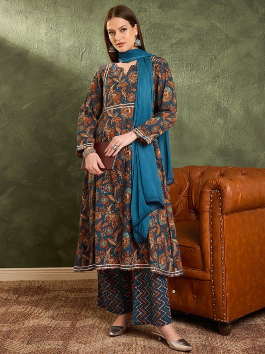 Women Teal Floral Front Yoke Kurta Set with Dupatta