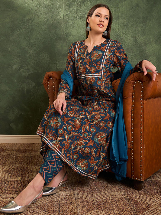 Women Teal Floral Front Yoke Kurta Set with Dupatta