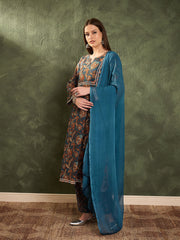 Women Teal Floral Front Yoke Kurta Set with Dupatta