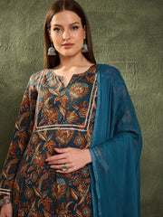 Women Teal Floral Front Yoke Kurta Set with Dupatta