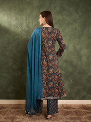 Women Teal Floral Front Yoke Kurta Set with Dupatta
