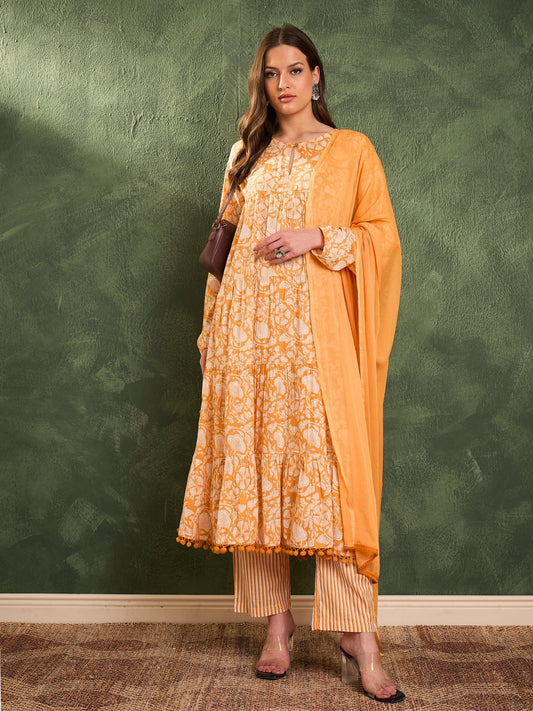 Women Yellow Floral Tiered Anarkali Kurta Set with Dupatta