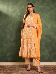 Women Yellow Floral Tiered Anarkali Kurta Set with Dupatta