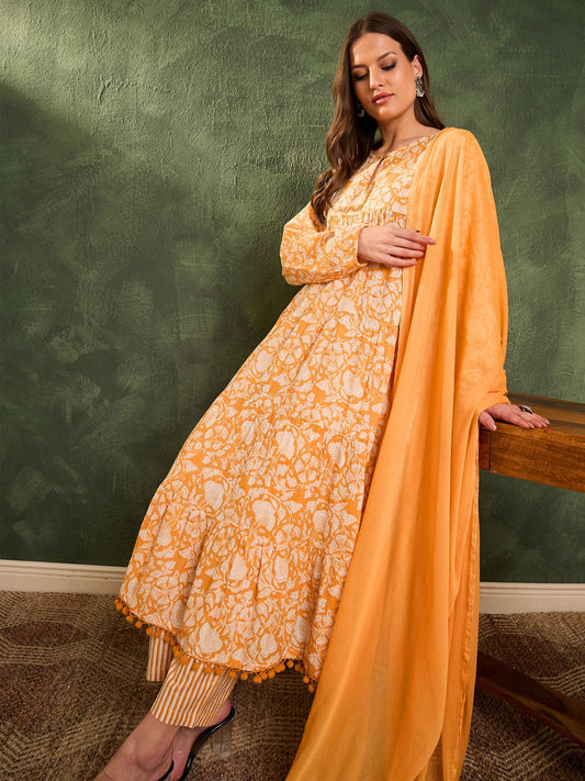 Women Yellow Floral Tiered Anarkali Kurta Set with Dupatta