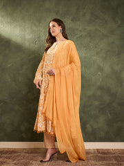 Women Yellow Floral Tiered Anarkali Kurta Set with Dupatta