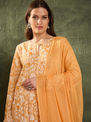 Women Yellow Floral Tiered Anarkali Kurta Set with Dupatta