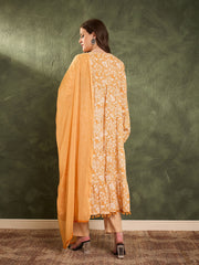 Women Yellow Floral Tiered Anarkali Kurta Set with Dupatta