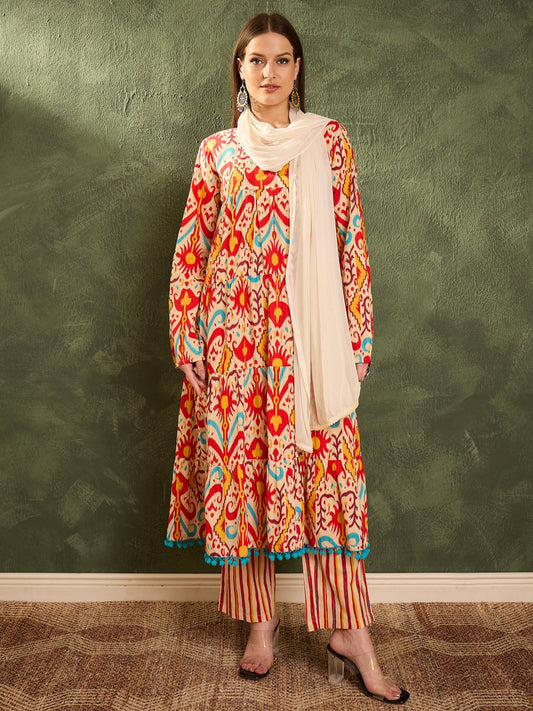 Women Red & Beige Ikat Tiered Anarkali Kurta Set with Dupatta