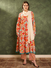 Women Red & Beige Ikat Tiered Anarkali Kurta Set with Dupatta