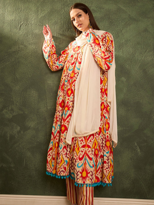 Women Red & Beige Ikat Tiered Anarkali Kurta Set with Dupatta