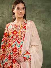Women Red & Beige Ikat Tiered Anarkali Kurta Set with Dupatta