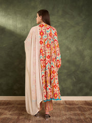 Women Red & Beige Ikat Tiered Anarkali Kurta Set with Dupatta