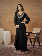 Women Black Embroidered Square Neck Top With Drape Skirt