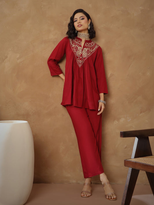 Women Maroon Embroidered Peplum Top With Pants