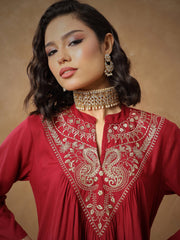 Women Maroon Embroidered Peplum Top With Pants