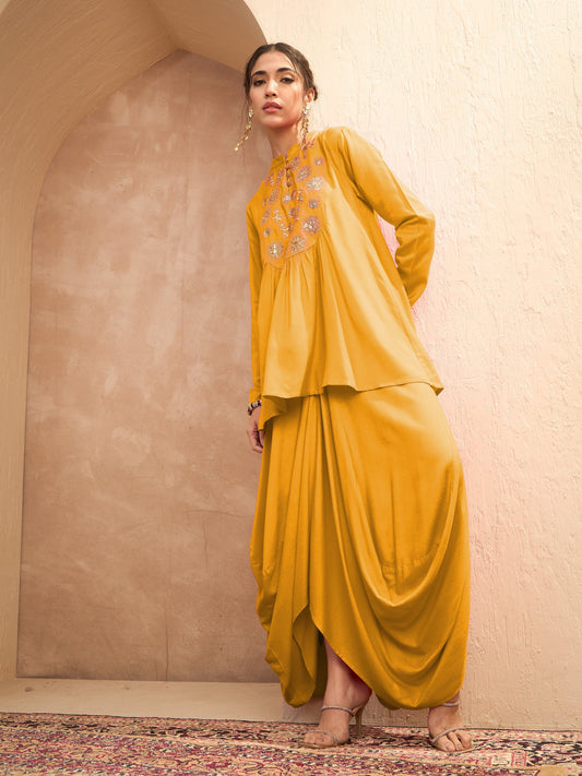 Women Mustard Embroidered Peplum Top With Dhoti Skirt